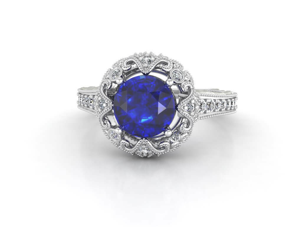 Vintage пръстен в бяло злато с диаманти и сапфир Модел ZGR007