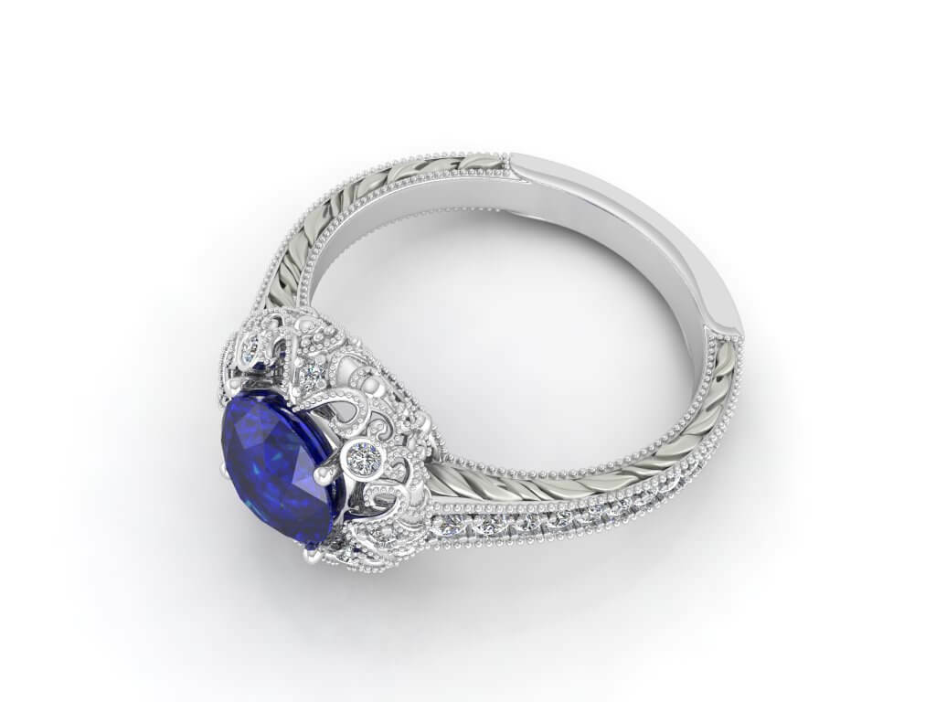 Vintage пръстен в бяло злато с диаманти и сапфир Модел ZGR007 - Image 3