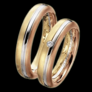 Брачни халки в бяло, жълто и розово злато с диаманти 38