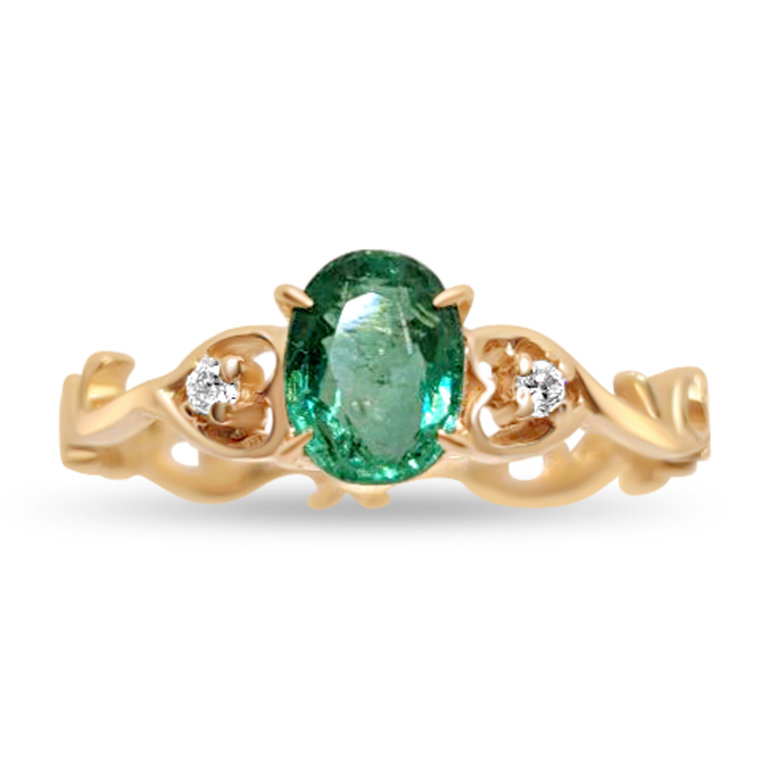 Пръстен в жълто злато с изумруд и диаманти 21